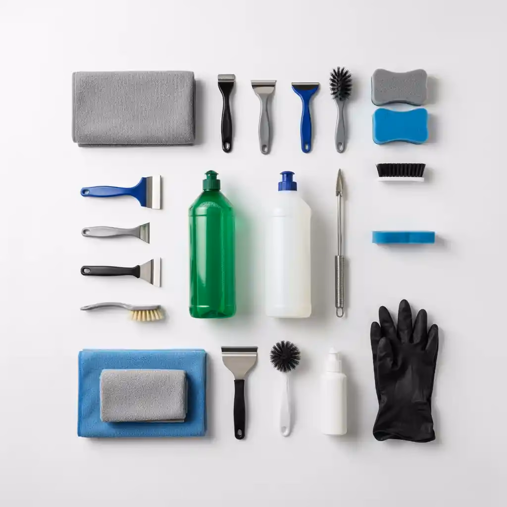 Professional oven cleaning products and tools on clean surface